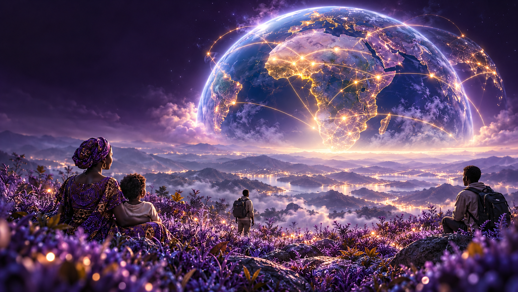 Un globe lumineux relie des personnes au milieu d’un paysage violet, avec le téléphone ROBUS affichant les pays de destination