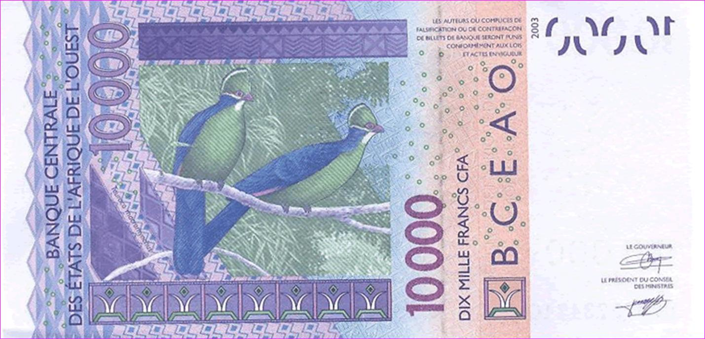 Billet réel de 10 000 francs CFA BCEAO, utilisés en Côte d’Ivoire