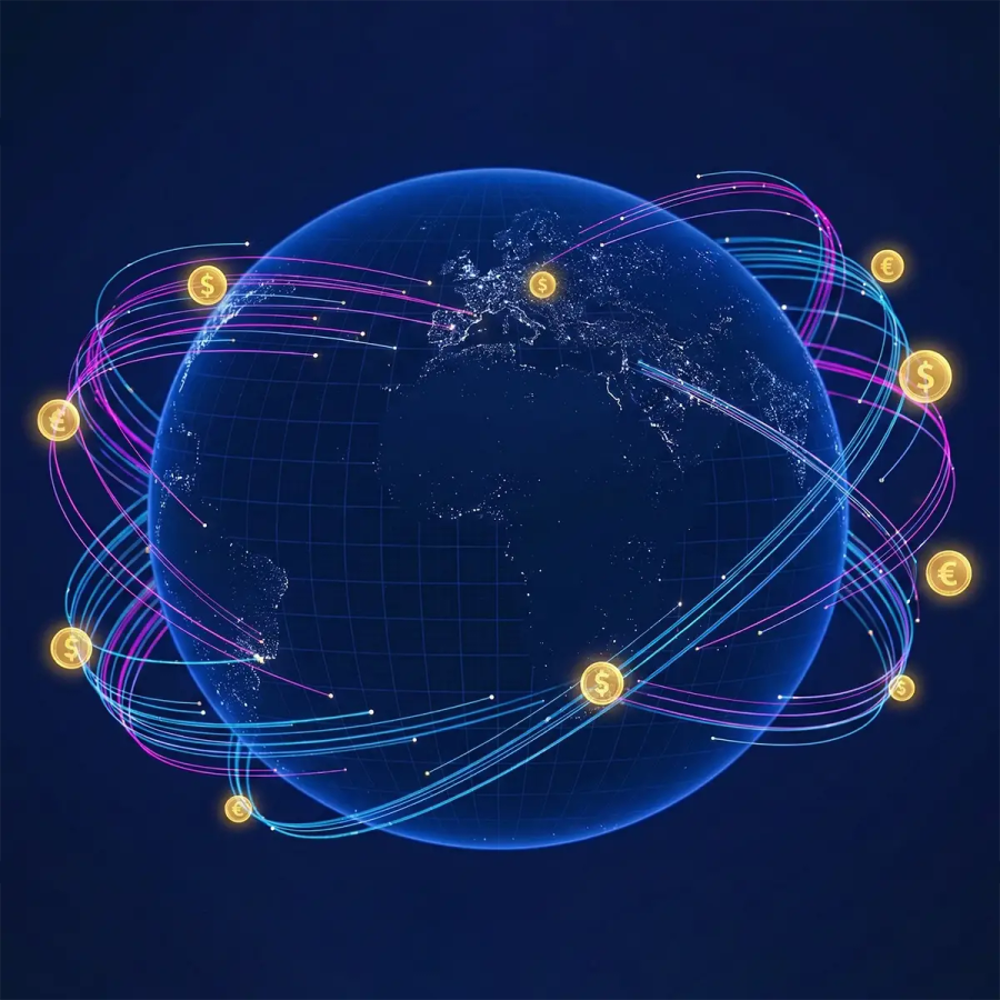 Globe terrestre entouré de flux de transactions internationales
